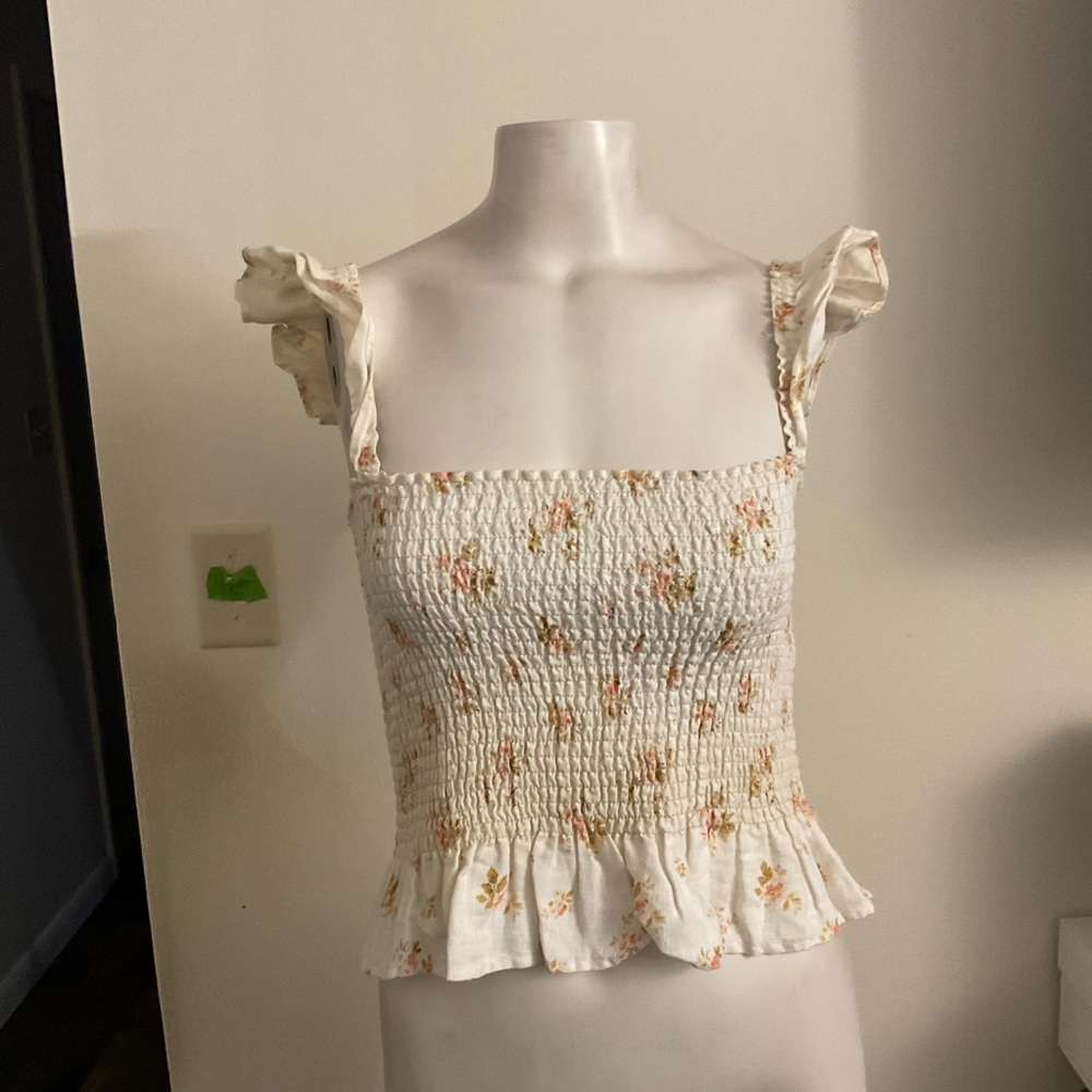 Reformation Linen Floral Smocked June Bug Top S